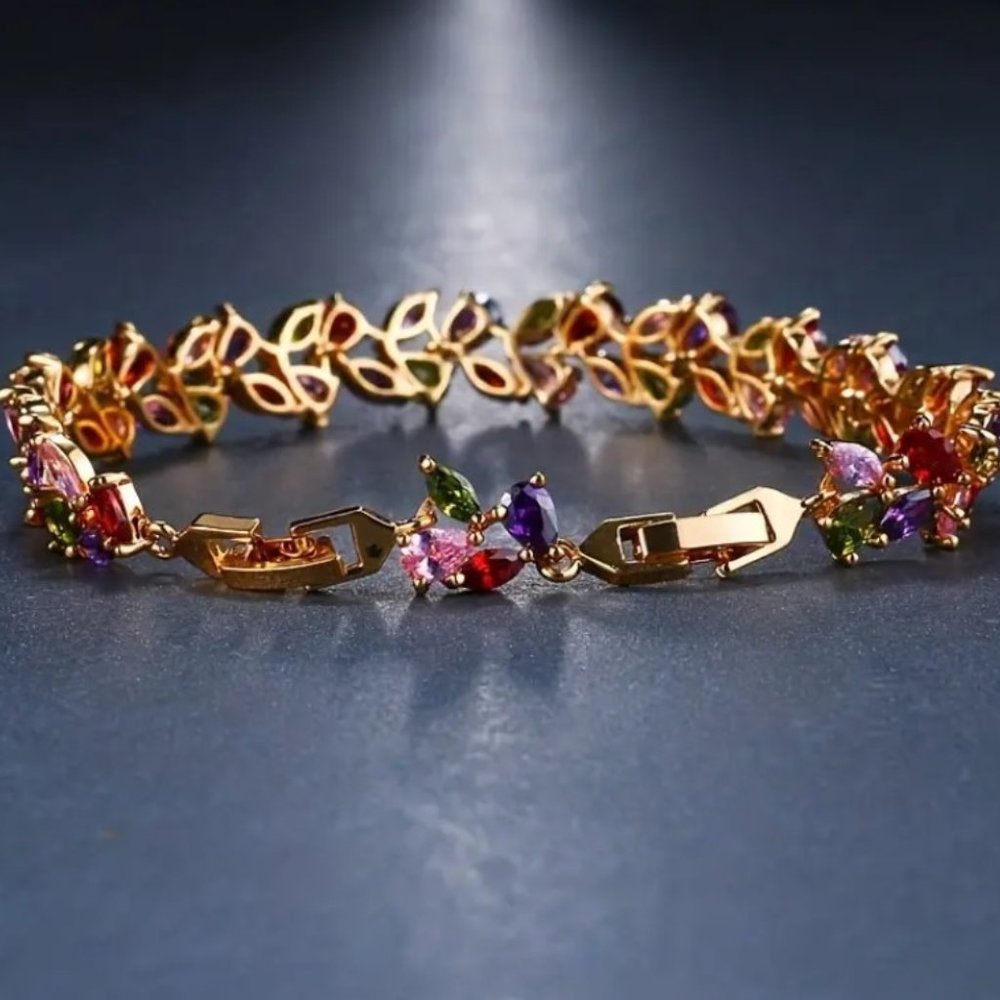 18K Gold Plated Rainbow Zircon Tennis Bracelet Colorful Crystal Link 8.27" - Picture 3 of 6